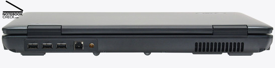 Extensa 5220 Rückseite: 3x USB-2.0, 54k-Modem, Netzanschluss, Lüfter