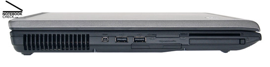Acer TravelMate 6592G linke Seite: Lüftungsschlitze, Firewire, 2x USB-2.0, ExpressCard/54, 5in1-Kartenleser, PC-Card, SmartCard