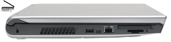 Lenovo 3000 N200 linke Seite: Kensington Lock, Lüftungsschlitze, 1x USB-2.0, Firewire, 100-MBit-LAN, ExpressCard/54, 5-in-1-Kartenleser