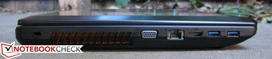 Linke Seite: Kensington Lock, VGA-out, Gigabit RJ-45, HDMI-out, 2x USB 3.0
