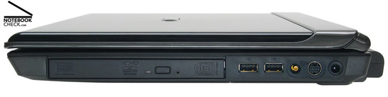 Zepto Znote 3415W rechte Seite: DVD-Laufwerk, 2x USB-2.0, RF-in, S-Video In, Netzanschluss