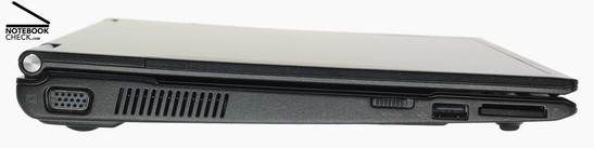 Zepto Notus A12 linke Seite: VGA, Lüftungsschlitze, WLAN-Schieber, 1x USB-2.0, 4-in-1-Kartenleser