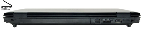 Samsung R700 Aura T9300 Dillen Rückseite: Kensington Lock, Akku, 2x USB-2.0, Gigabit-LAN, Modem, VGA, Netzanschluss