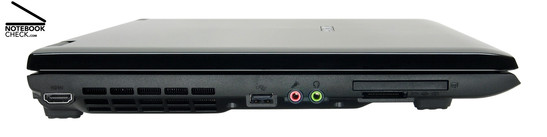 Samsung R700 Aura T9300 Dillen linke Seite: HDMI, Belüftungsöffnungen, 1x USB-2.0, Mikrofon, Kopfhörer, ExpressCard/54, 7-in-1-Kartenleser