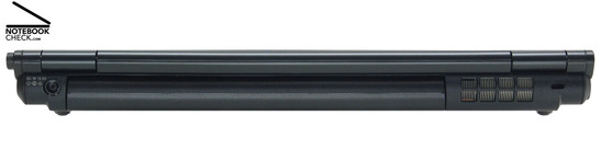 Sony Vaio VGN-SZ71WN/C Rückseite: Netzanschluss, SIM-Kartensteckplatz, Akku, Belüftungsöffnungen, Kensington Lock