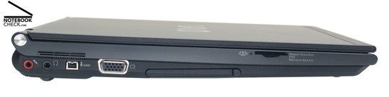 Sony Vaio VGN-SZ71WN/C linke Seite: Mikrofon, Kopfhörer, Firewire (i.LINK, IEEE 1394), VGA, PC Card, Kartenleser (Memory Stick)