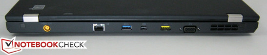Rückseite: Netzanschluss, Gigabit RJ-45, 1x USB 3.0, Mini DisplayPort, 1x USB 2.0 Sleep-and-Charge, VGA