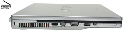 Sony Vaio VGN-FZ31Z linke Seite: Kensington Lock, Belüftungsöffnungen, HDMI, S-Video-Out, VGA, 1x USB-2.0, i.LINK (IEEE1394, Firewire) S400-Anschluss, ExpressCard/34