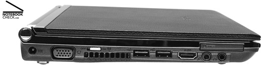 Asus U2E 1P017E linke Seite: Netzanschluss, VGA, Wireless-Schalter, Belüftungsöffnungen, 2x USB-2.0, μ-DVI-Port, Mikrofon, Kopfhörer (S/PDIF), ExpressCard/34