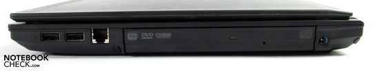 Rechte Seite: 2x USB 2.0, Modem, DVD-Brenner, Netzanschluss