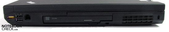 Rechte Seite: powered USB 2.0, 2x USB 2.0, Modem, DVD-Laufwerk, Kensington