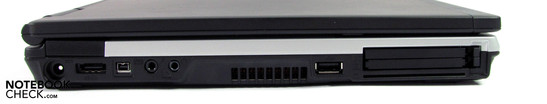 Linke Seite: Netzanschluss, eSata, Firewire 400, Audio, USB 2.0, ExpressCard/54, PCMCIA, Smartcard