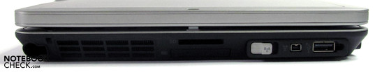 Linke Seite: Stifthalter, Cardreader, Expresscard, Funkmodulschalter, Firewire, USB 2.0