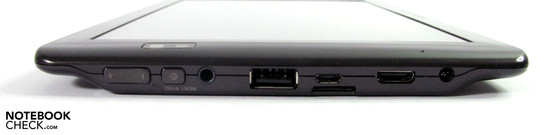 Linke Seite: Lautstärke, Ein/ Aus, Kopfhörer, USB 2.0, Mini USB, Micro SD/ SDHC, Mini HDMI
