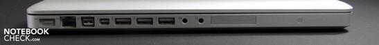 Linke Seite: Netz, LAN, FW800, Thunderbolt/ Displayport, 3x USB 2.0, Audio in/out, ExpressCard/34, Batterie Tester