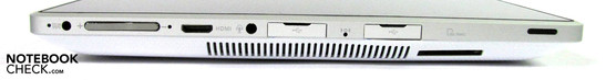 Linke Seite: Netz, Lautstärkewippe, Mini-HDMI, Audio in/out Kombi, USB 2.0, Reset, USB 2.0, Cardreader, Lautsprecher