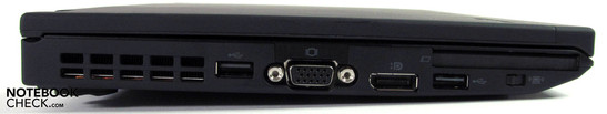 Linke Seite: USB 2.0, VGA, Displayport, USB 2.0, ExpressCard/54, Funkschalter