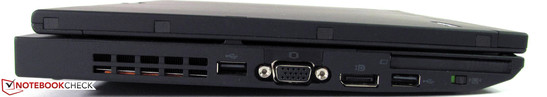 Linke Seite: USB 2.0, VGA, DisplayPort, USB 2.0, ExpressCard/54, Wireless on/off