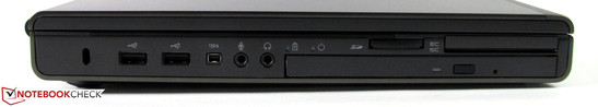 linke Seite: Kensington-Lock, 2x USB 2.0, Firewire, Audio in/out, Cardreader, ExpressCard/54- und SmartCardreader, Blu-Ray-Brenner