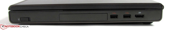 Rechte Seite: Funkschalter, Festplattenschacht, 2x USB 3.0, Displayport