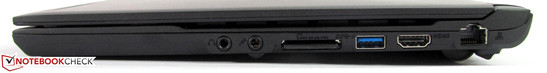 rechte Seite: Audio out/in, 5-in-1 Cardreader, USB 3.0, HDMI, Gigabit-LAN