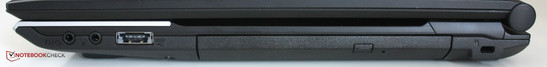 Rechte Seite: Kopfhörereingang, Mikrofonausgang, eSATA/USB 2.0, DVD-Brenner, Kensington Lock