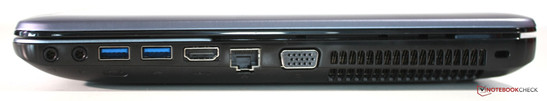 Rechte Seite: Audioausgang, Mikrofoneingang, 2x USB 3.0, HDMI, LAN, VGA, Kensington Lock