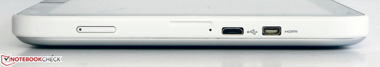 An der linken Seite befinden sich der Power Button, der Mikro-USB-Steckplatz und der Mikro-HDMI-Ausgang.