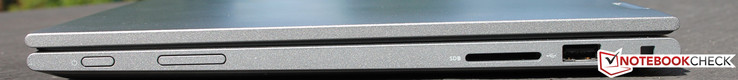 Rechte Seite: Power-Knopf, Lautstärke-Wippe, SD-Kartenleser, 1x USB 2.0, Kabel-Schloss