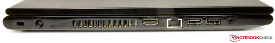 linke Seite: Steckplatz für ein Kensington Schloss, Netzanschluß, HDMI, Ethernet-Steckplatz, USB 2.0, USB 3.0, Audiokombo