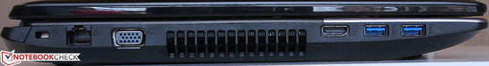 Linke Seite: Steckplatz für ein Kensington-Schloss, Gigabit-Ethernet, VGA, 2x USB 3.0