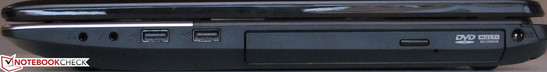 Rechte Seite:Netzanschluss, DVD-Brenner, 2x USB 2.0, Mikrofoneingang, Kopfhörerausgang