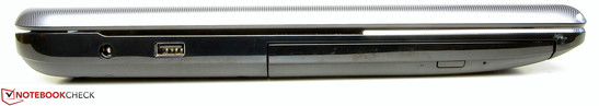 Linke Seite: Netzanschluss, USB 2.0, DVD-Brenner
