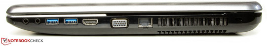 Rechte Seite: Kopfhörerausgang, Mikrofoneingang, 2x USB 3.0, HDMI, VGA-Ausgang, Gigabit-Ethernet, Steckplatz für ein Kensington-Schloss