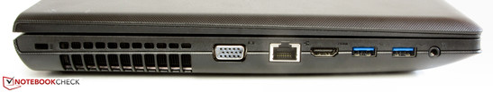 linke Seite: Steckplatz für ein Kensington Schloss, VGA-Ausgang, Ethernet-Steckplatz, HDMI, 2x USB 3.0, Audiokombo