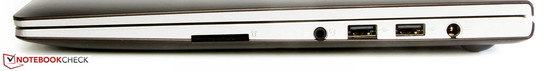 Rechte Seite: Speicherkartenleser, Audiokombo, 2x USB 2.0, Netzanschluss