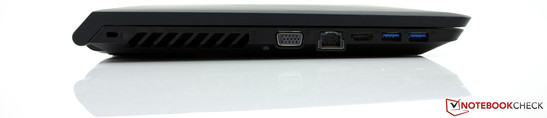 linke Seite: Steckplatz für ein Kensington Schloss, VGA-Ausgang, Gigabit-Ethernet, HDMI, 2x USB 3.0