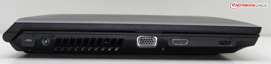 Die linke Seite bietet einen USB-2.0-Steckplatz, einen HDMI-Anschluss, einen VGA-Ausgang, den Netzanschluss und einen Anschluss für ein Kensington Schloss.
