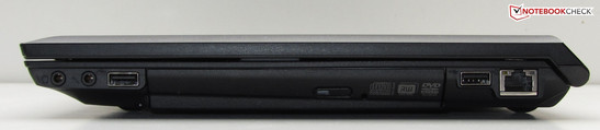 An der rechten Seite des Notebooks finden sich zwei weitere USB-2.0-Steckplätze, ein Gigabit-Ethernet-Anschluss, zwei Audiobuchsen (Mikroeingang, Kopfhörerausgang) und der DVD-Brenner.