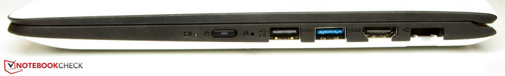 Rechte Seite: Powerbutton, One-Key-Recovery-Taste (versenkt), USB 2.0, USB 3.0, HDMI, Gigabit-Ethernet
