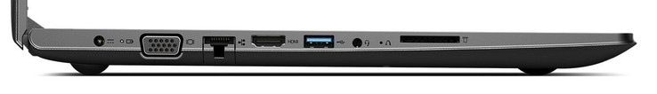 Linke Seite: Netzanschluss, VGA, Gigabit-Ethernet, HDMI, USB 3.0, Audiokombo, Speicherkartenleser
