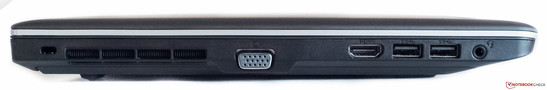 Linke Seite: Kensington, Hauptlüftungsschlitze, VGA, HDMI, 2x USB 3.0, Audio analog in/out 3,5 mm Klinke