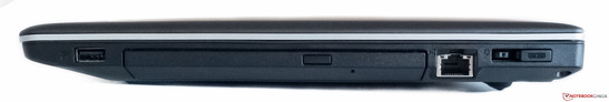 Rechte Seite: USB 2.0, DVD, Ethernet, Strom/OneLink