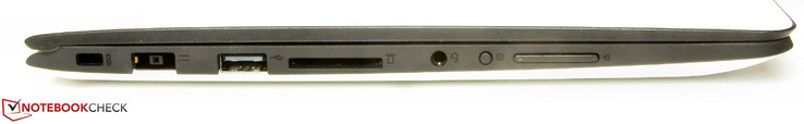 Linke Seite: Steckplatz für ein Kabelschloss, Netzanschluss, USB 2.0, Speicherkartenleser, Audiokombo, Automatische Drehung ein/aus, Lautstärkewippe