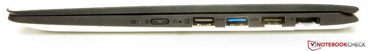 Rechte Seite: Powerbutton, One-Key-Recovery-Taste (versenkt), USB 2.0, USB 3.0, HDMI, Gigabite-Ethernet