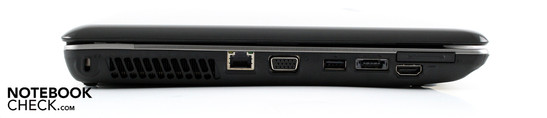 Linke Seite: Kensington-Lock, Ethernet, VGA, USB 2.0, eSATA/USB, ExpressCard34