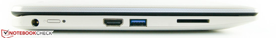 links: Netzanschluss, Einschalter, HDMI-Ausgang, 1x USB 3.0, SD-Kartenleser