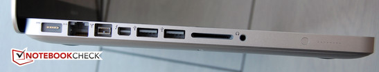 Linke Seite: MagSafe, RJ45 LAN, Firewire 800, Thunderbolt, 2 x USB 3.0, SD-Card, Kopfhörer/Mikrofon, Akkustandsanzeige