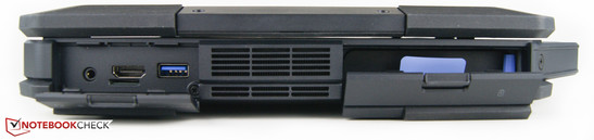 links: Audio-Combi, Sim-Karten-Einschub, HDMI-Ausgang, USB 3.0, Akkufach