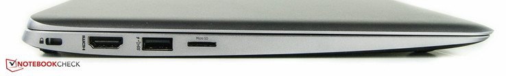 links: Kensington-Lock, HDMI-Ausgang, 1 x USB 3.0, MicroSD-Kartenlesegerät